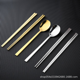 韩式304不锈钢筷子套装 韩国餐具扁实心扁筷子加长方形勺筷