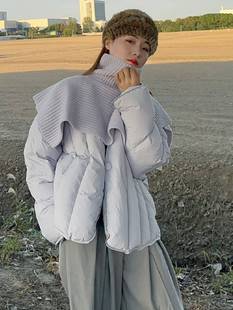 紫色针织围脖披肩羽绒棉服女2022年冬季韩版宽松短款棉衣外套