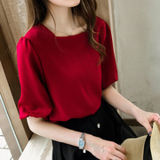 红色雪纺衬衫女夏2023设计感小众泡泡袖短袖上衣宽松洋气小衫