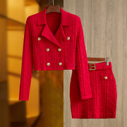 2022大红色西装领回纹上衣金属扣头腰带包臀短裙时尚两件套裙套装