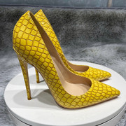 欧美黄色石头纹12cm尖头高跟鞋，网红复古细跟浅口显瘦单鞋10cm