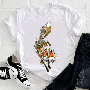 女式短袖狐狸动物4xl花卉，加大码花卉潮流风格，衣服女士图形印花t恤