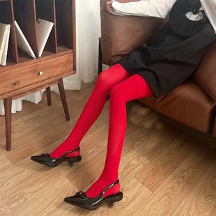 殷红色哑光丝袜糖果色，天鹅绒连裤袜子女，春秋时尚本命年红色打底裤