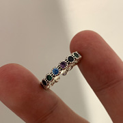 韩版s925银彩色锆石戒指，女复古时尚璀璨拼色花朵，开口指环食指戒潮