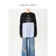 CONCISE-WHITE简白 拼接假两件字母长袖T恤2023春季