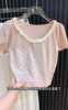 粉色蕾丝短袖镂空蝴蝶结T恤女夏季甜美修身打底衫内搭短款小上衣