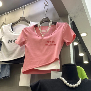 莫代尔纯棉印花假两件短袖T恤女潮夏季韩版圆领短款不规则003