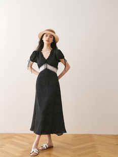 法式复古蕾丝波点连衣裙2023夏设计(夏设计)感气质，高端显瘦黑色裙子t
