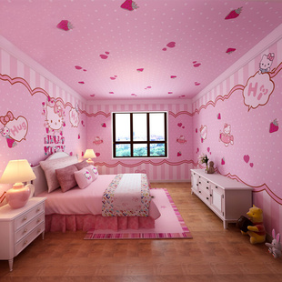 儿童房壁纸女孩卧室公主粉卡通kitty猫墙纸全屋定制背景墙布壁画