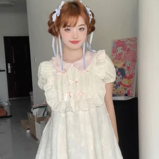 日系甜美蕾丝拼接白色连衣裙2024夏季小众设计娃娃裙蓬蓬公主短裙