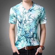 韩版男士碎花T恤潮流个性修身印花汗衫短袖青年免烫半袖男装
