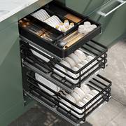 拉篮厨房橱柜调味小尺寸碗碟架不锈钢双层抽屉式厨柜轨道收纳