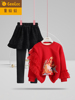 红色女童保暖套装2023拜年服套头，卫衣儿童加绒裙裤两件套冬装