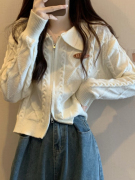 小个子短款麻花毛衣开衫女春秋，慵懒宽松外穿翻领长袖针织拉链外套