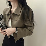 韩国chic春季法式复古简约纯色显瘦百搭拉链，翻领麂皮绒夹克短外套