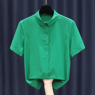 衬衣女夏季时尚欧货短袖，女款翠绿色衬衫设计感女士上衣