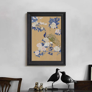 新中式禅意书房茶室孔雀牡丹，装饰挂画客厅玄关，复古风花鸟手绘油画