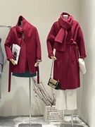 mm自制秋冬氛围感围巾领双面，大衣女欧版系带中长款羊毛外套2023