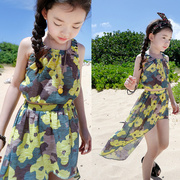 夏季童装沙滩裙女童休闲大碎花背心裙子两件套儿童棉麻燕尾裙