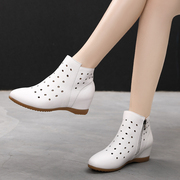 2023镂空靴坡跟内增高白色洞洞短靴，女春秋单靴夏软牛皮女靴子