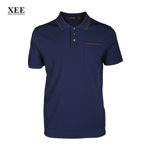 xee商场同款男士夏季深蓝色伊力特纱线撞色设计精致t恤polo短袖衫