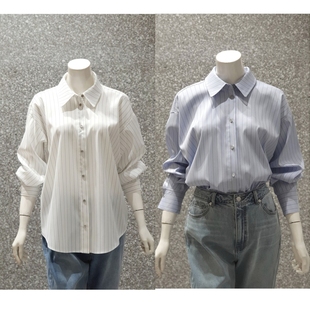 韩国原单jig24年春款竖条纹，休闲宽松版显瘦后领系带衬衫上衣均码