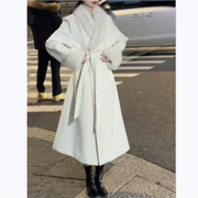 韩版高级感白色中长款毛领呢子大衣女秋冬季气质宽松慵懒毛呢外套