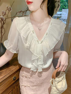 已出货韩版气质显瘦纯色珍珠荷叶，边v领套头，短袖雪纺衬衫夏季小衫