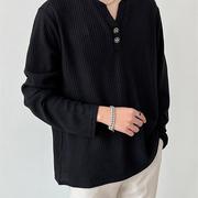 华夫格V领长袖T恤男士韩版宽松休闲设计感小众纯色上衣体恤打底衫