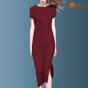 2024夏季短袖圆领，酒红色高档连衣裙开叉一步裙保证100%
