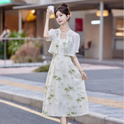 新中式印花连衣裙2024夏装雪纺，连衣裙小个子两件套套裙w5512