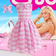 跨境甜美格子儿童连衣裙真人，芭比同款cosplay巴比女童连衣裙