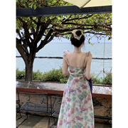 紫罗兰长裙女夏季法式小众修身显瘦气质高腰飞飞袖绿色清新连衣裙