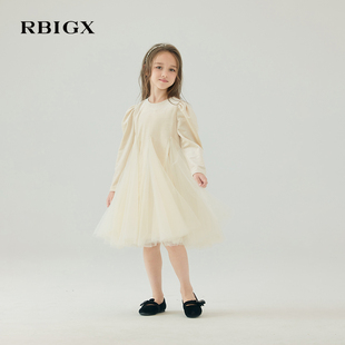 rbigx瑞比克童装，秋季烫金丝绒网纱长袖，百搭连衣裙