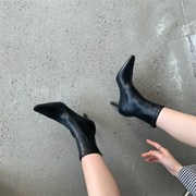 欧洲站高跟短靴h女ins潮2023秋冬女鞋真皮，尖头细跟裸靴马丁靴