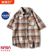 NASA联名美式复古格子短衬衫男夏季潮牌翻领衬衣休闲情侣衣服外套