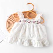 女童飞袖娃娃衫夏季洋气小衫儿童，吊带衫上衣宝宝白色纯棉衬衫