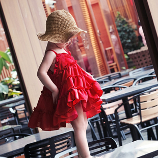 女童连衣裙夏装2023小女孩雪纺，沙滩公主吊带裙，女宝宝大红裙子