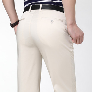 夏季薄款男士米白色休闲裤直筒宽松高腰丝光棉中年品牌男裤子免烫