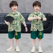 男童时尚短袖衬衫绿色柳叶套装夏季中小儿童休闲风唐装汉服二件套