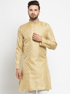印度进口传统男装民族风丝绵提花暗纹中长款上衣长袖金黄色