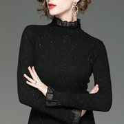 时尚洋气亮丝衬衫打底衫女冬季长袖上衣黑色蕾丝衫修身衬衣女冬装