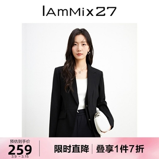 IAmMIX27黑色西装外套女个性假两件拼接时尚通勤百搭简约西服外套