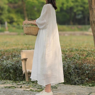 2024春季棉麻连衣裙白色超仙柔软苎麻圆领，七分袖高端气质中长裙子