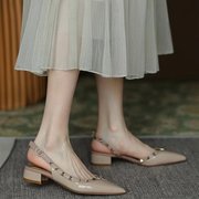 法式铆钉鞋子女秋夏季尖头浅口平底鞋软底裸色低跟单鞋女粗跟漆皮
