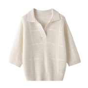 重磅工艺白色镂空翻领，100%纯羊绒衫五分，袖女针织打底毛衣宽松短款