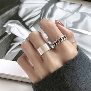 日韩S925纯银链条戒指复古麻花个性戒指简约光面开口戒指女银指环