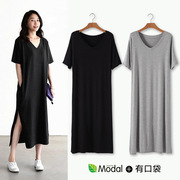 2024夏季女装莫代尔，短袖女v领中长款韩版显瘦欧美连衣裙