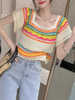 波西米亚风针织镂空t恤女夏季短袖条纹高腰，宽松短款正肩方领上衣