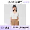 iammix27短袖v领针织衫女修身显瘦白色简约镂空薄款针织套头衫女